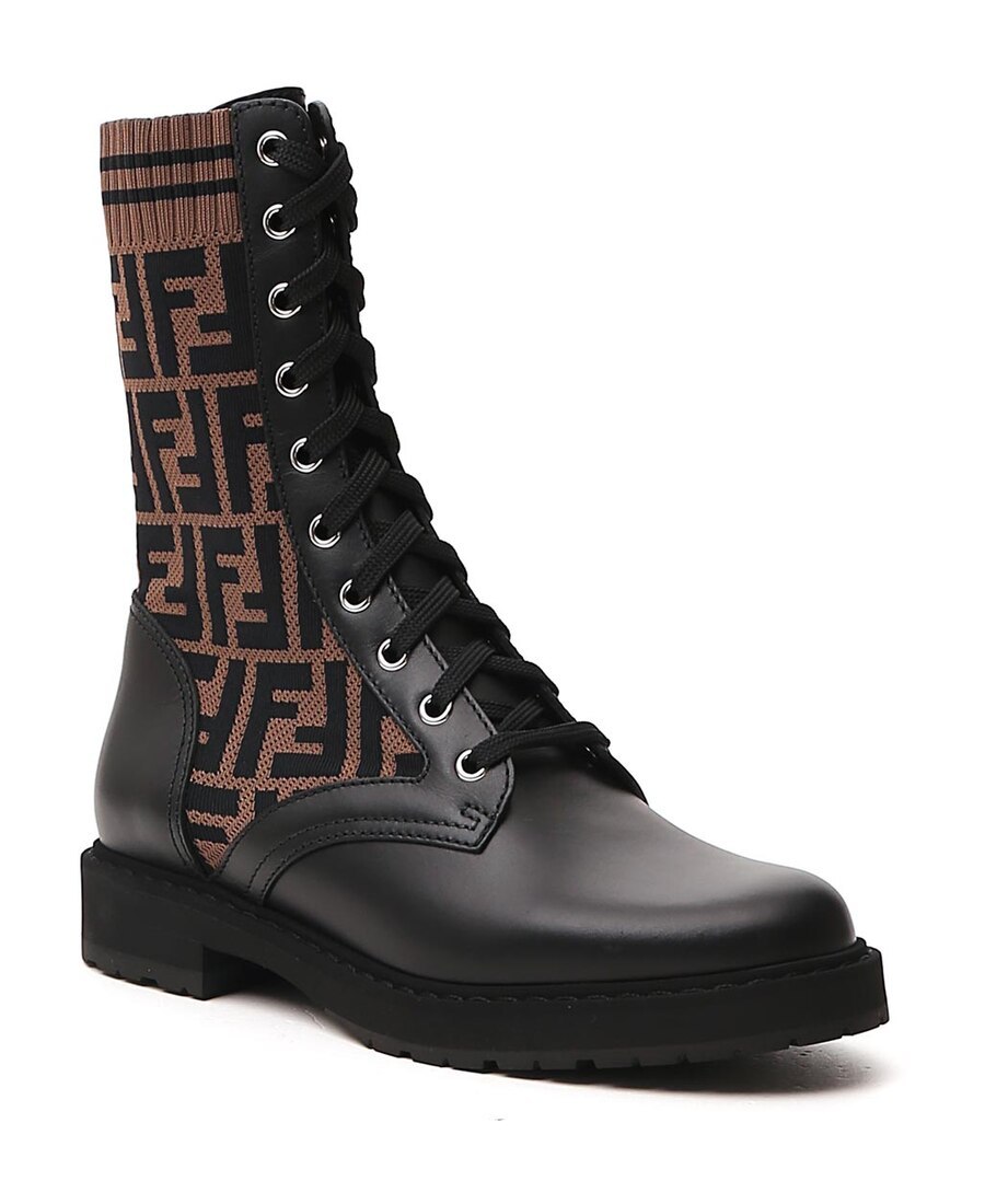 Fendi Black Leather Biker Boots With Stretch Fabric