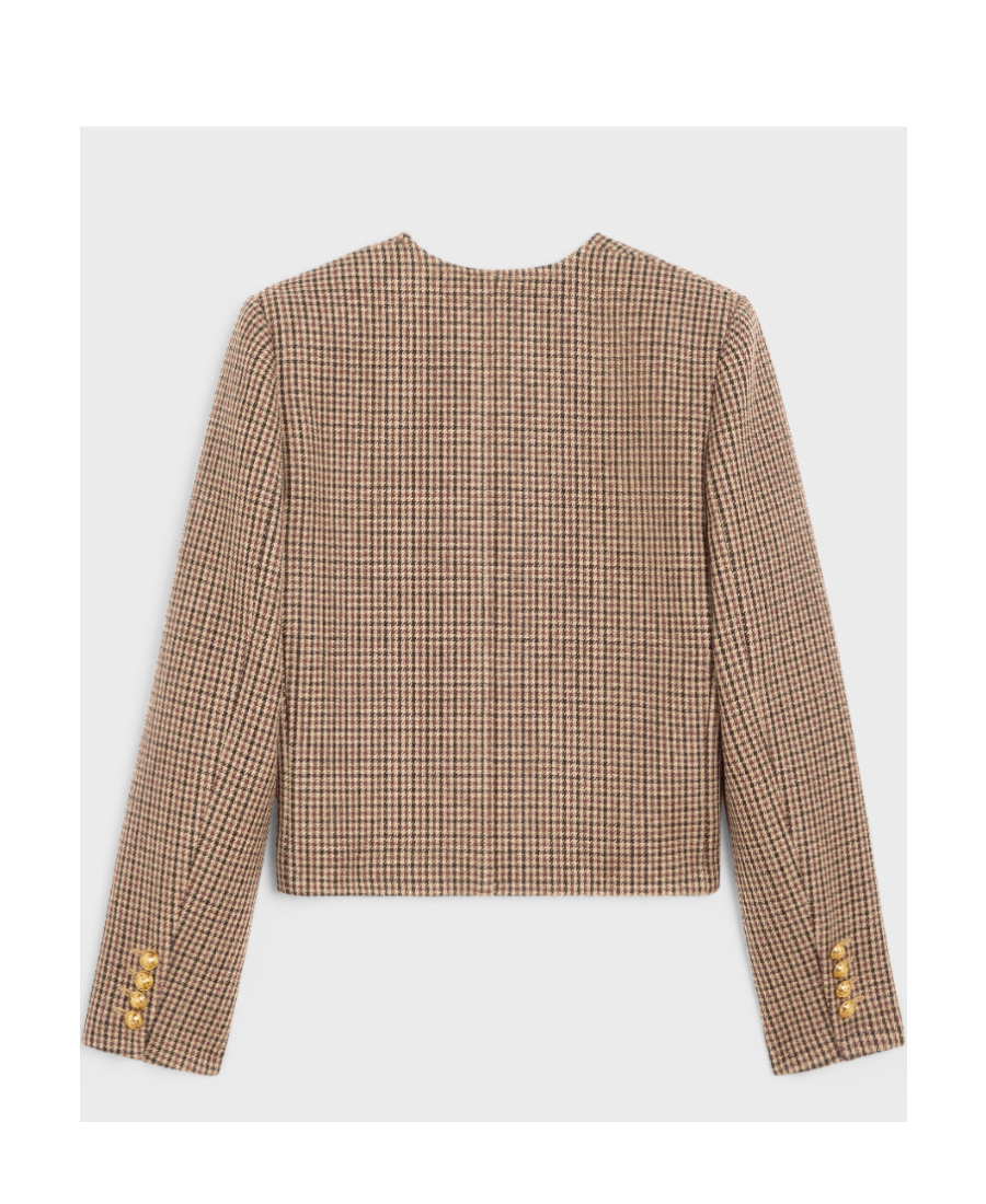 Celine Double Thousand Bird Plaid Wool Jacket In Brown