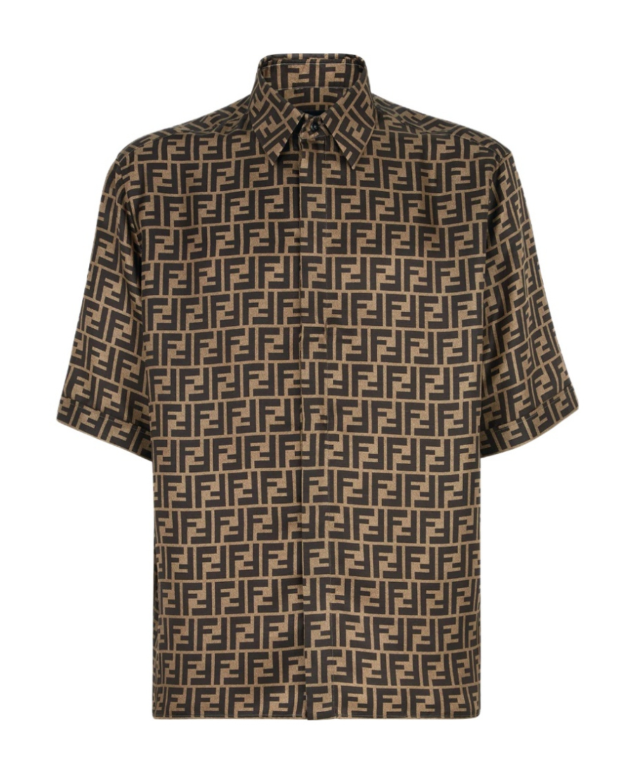 Fendi Men Silk Shirt With All-over Ff Logo In Brown | ModeSens