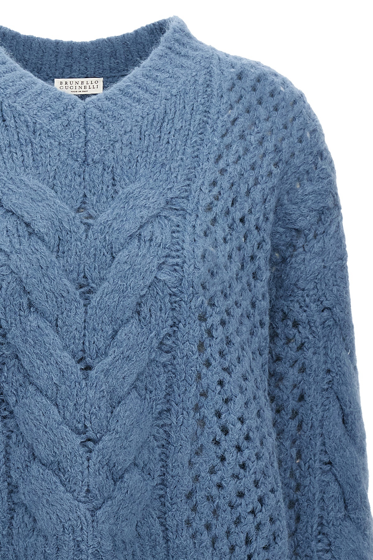 Brunello Cucinelli Alpaca-wool Irish Cable Knit V-neck Sweater In Blue