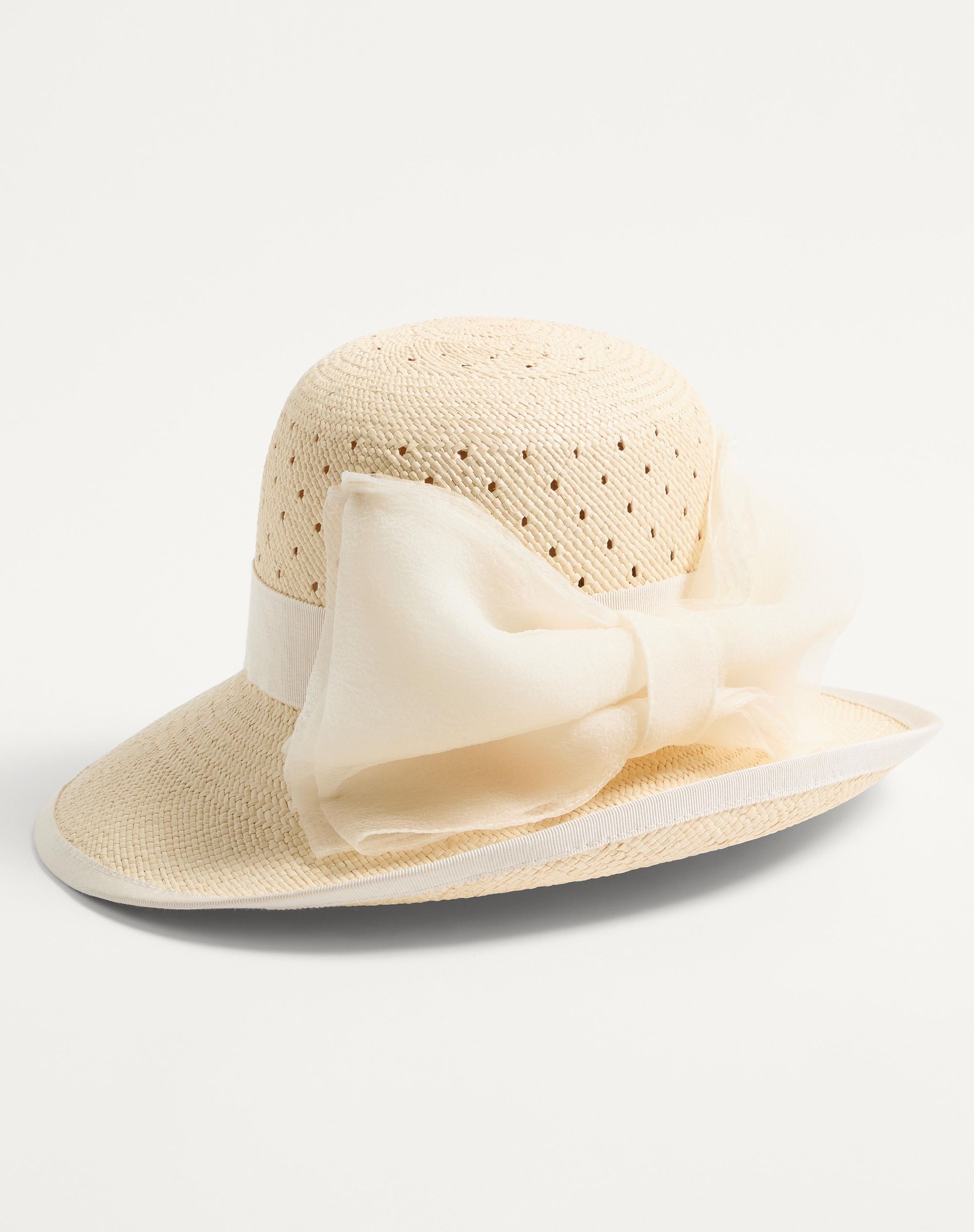 Valentino Vlogo Signature Hat In Perforated Panama With Organza Bow In Neutral
