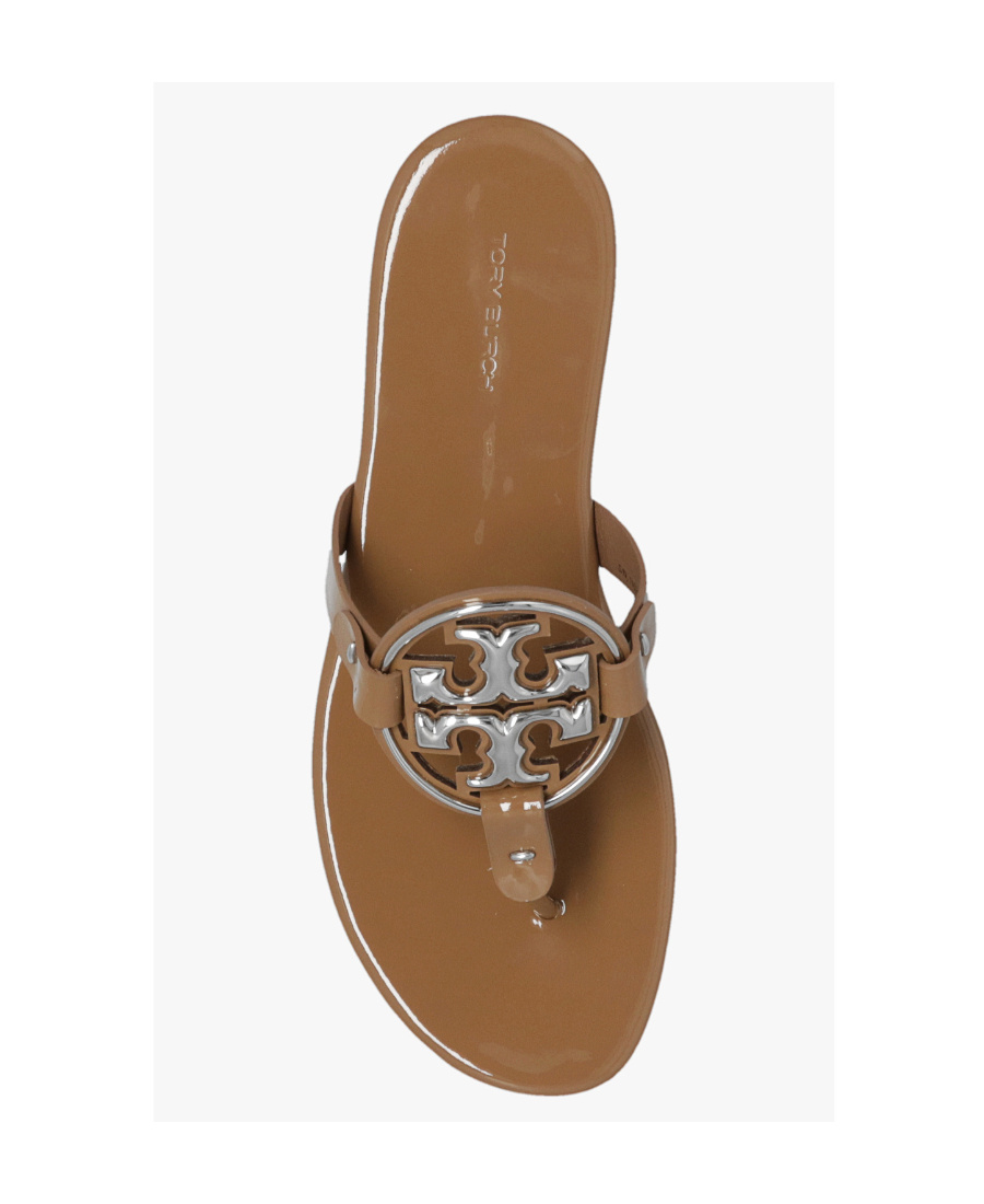 Tory Burch Logo-plaque Open-toe Slides In Brown