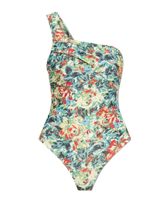 Ganni Floral-print One-shoulder Swimsuit In Multicolor