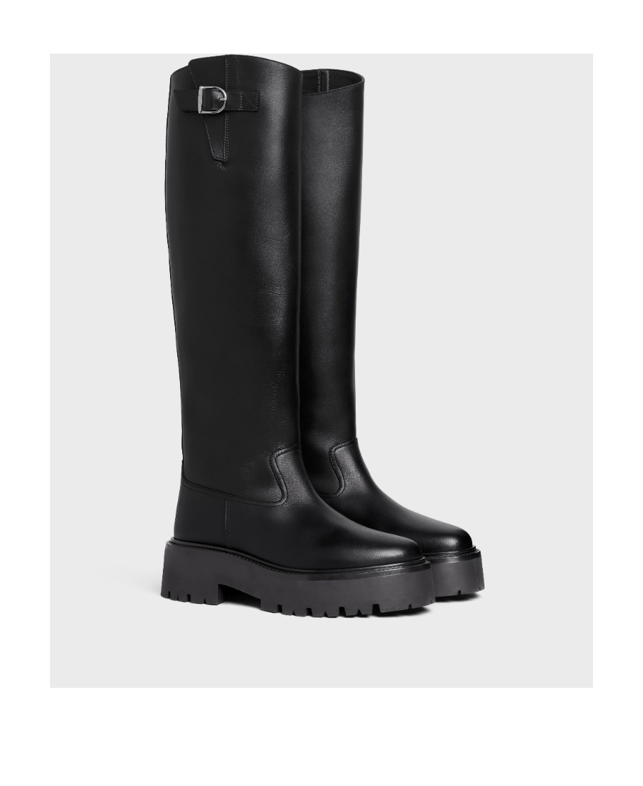 Celine Cow Leather Buckle High Boots In Black