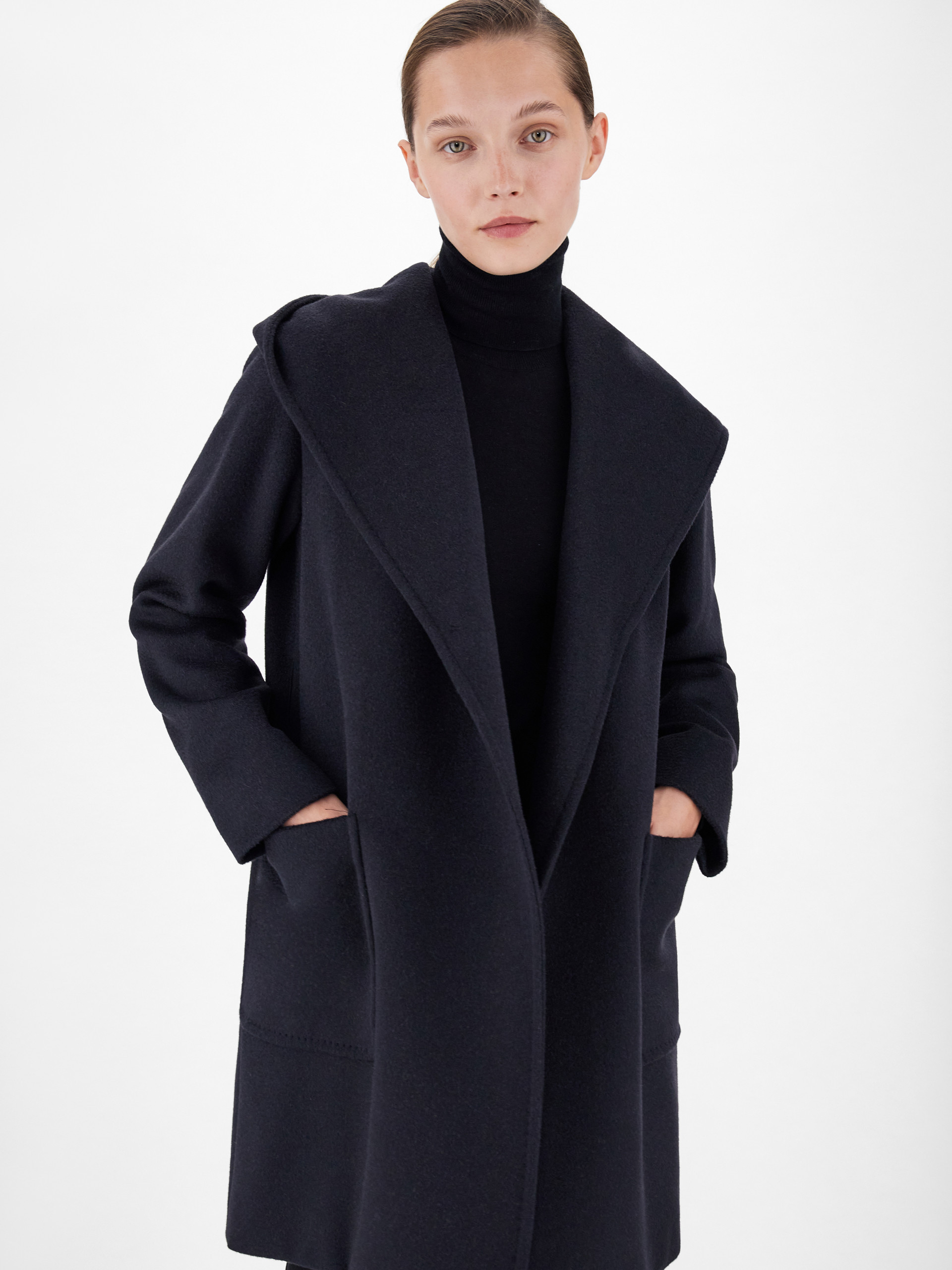 Max Mara Navy Blue Rialto Camel Wool Robe Coat In Black