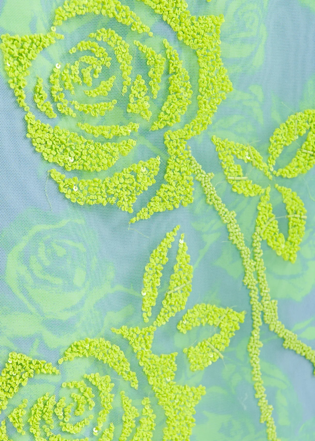 Essentiel Antwerp Light Blue And Mint Green Tule Midi Skirt With Sequin Floral Embroideries In Green