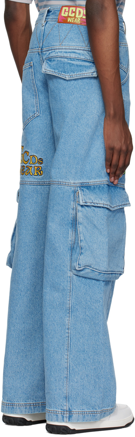 Gcds Blue Embroidered Denim Cargo Pants In Blue