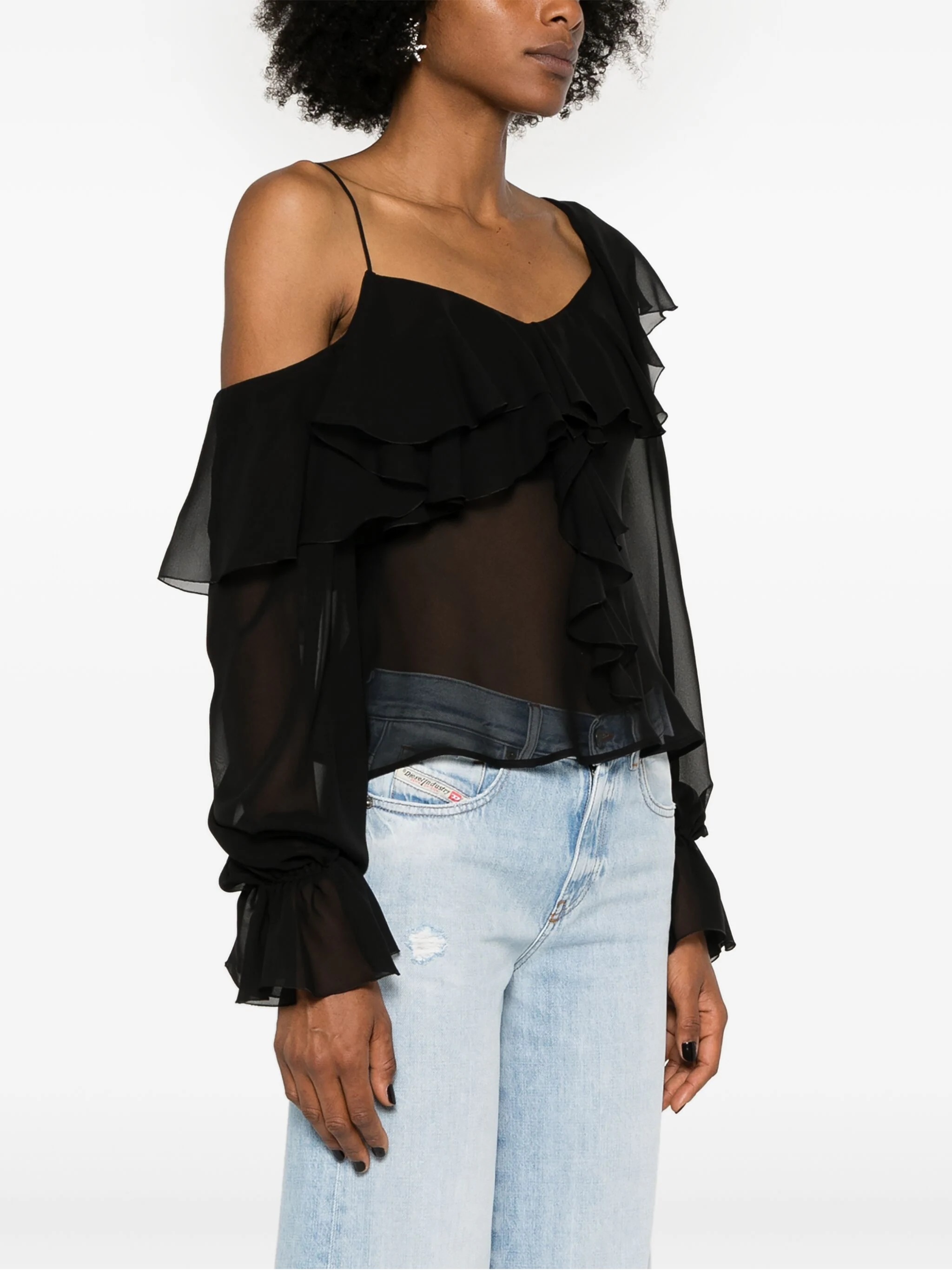 Blumarine Silk Sheer Ruffled Blouse In Black