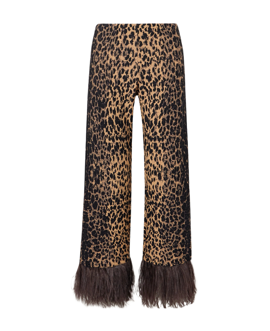 Valentino Leopard Print Feather Hem Casual Pants In Brown