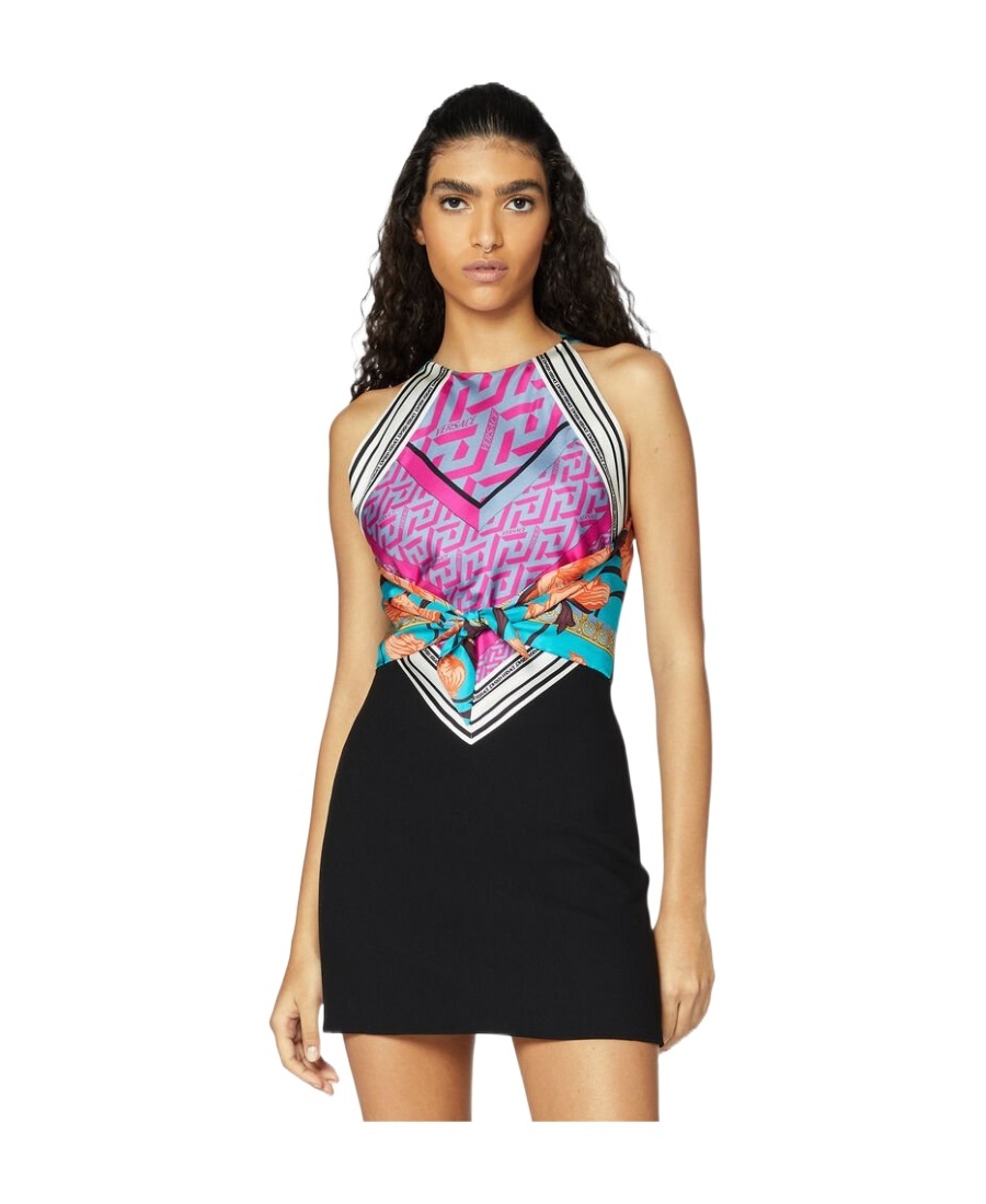 Versace Acid Bouquet Foulard Dress In Black