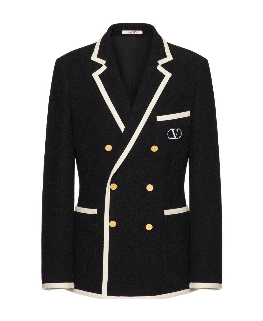 VALENTINO DOUBLE-BREASTED BOUCLÉ WOOL JACKET WITH VLOGO SIGNATURE EMBROIDERY 