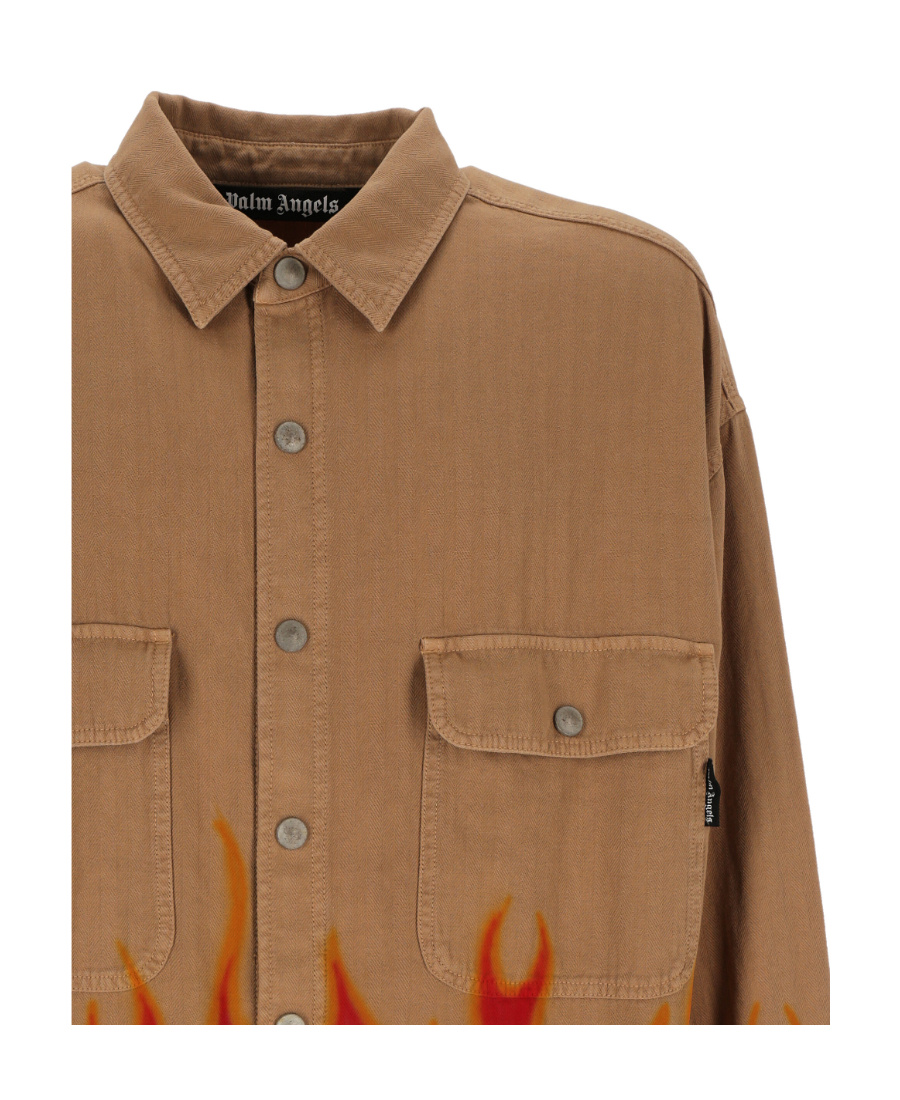 Palm Angels Flame-print Long-sleeve Shirt In Brown