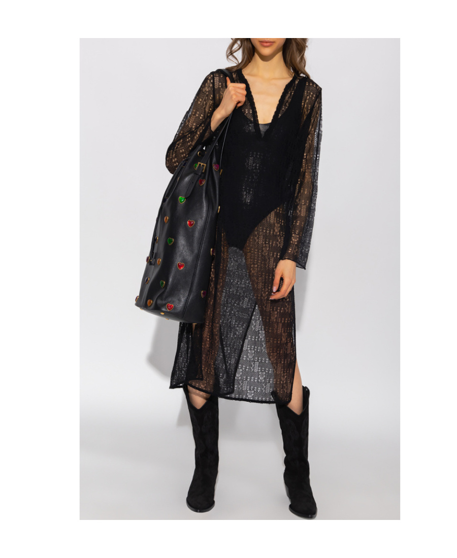 Saint Laurent Open-knit Long-sleeved Tunic Dress In Black