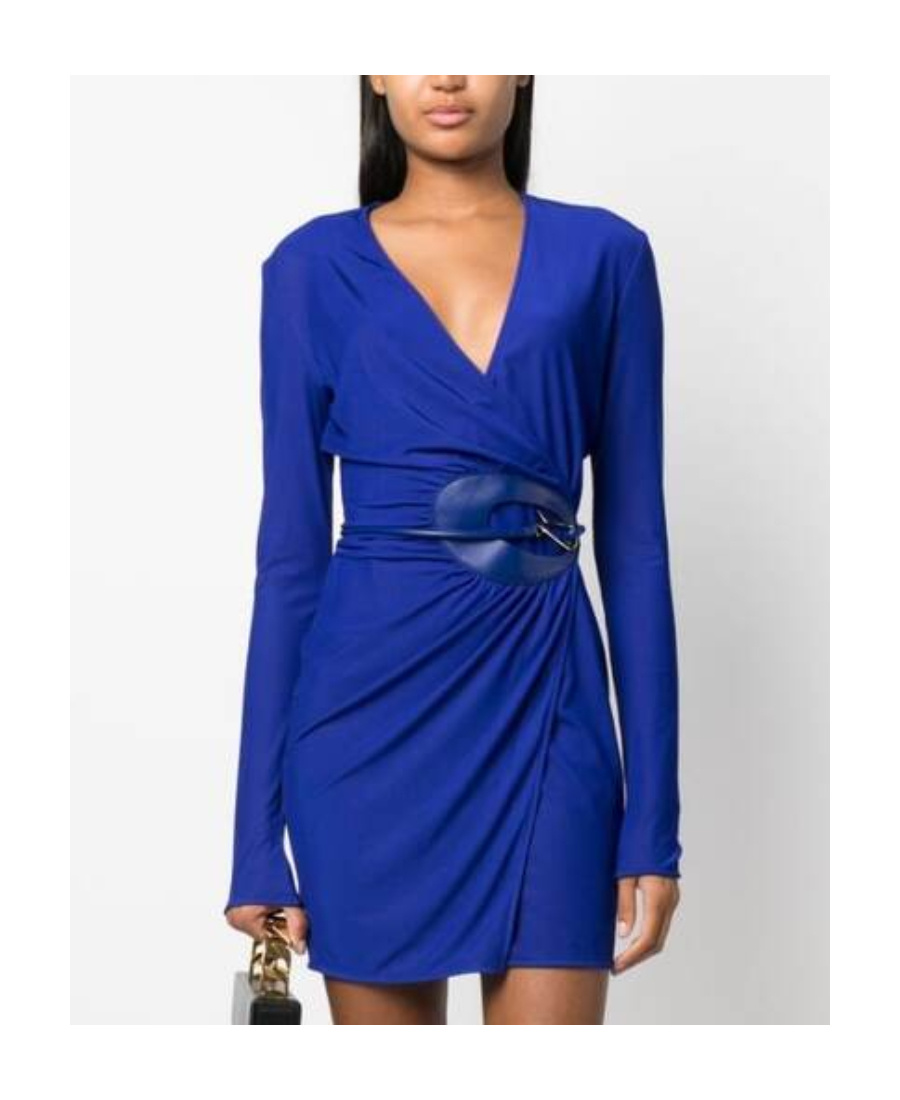 Tom Ford Plunging Leather-trim Microcosta Jersey Wrap Mini Dress In Blue