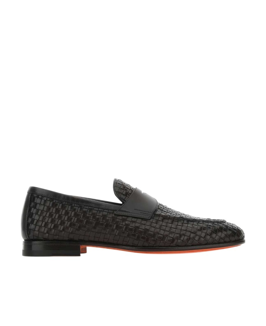 Santoni Gwendal Loafers Leather Sole Round Toe Woven Texture In Black