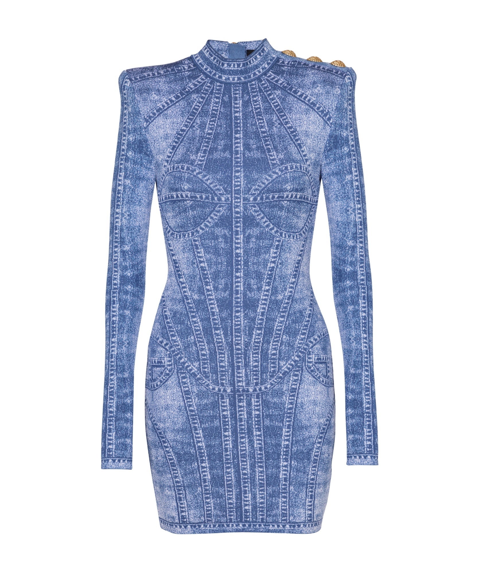 Shop Balmain Short Jacquard Knit Dress With Denim Effect In Blue