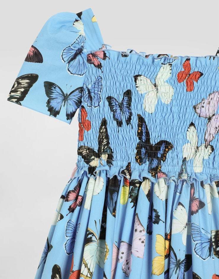 Dolce & Gabbana Poplin Dress With Butterfly Print In Blue