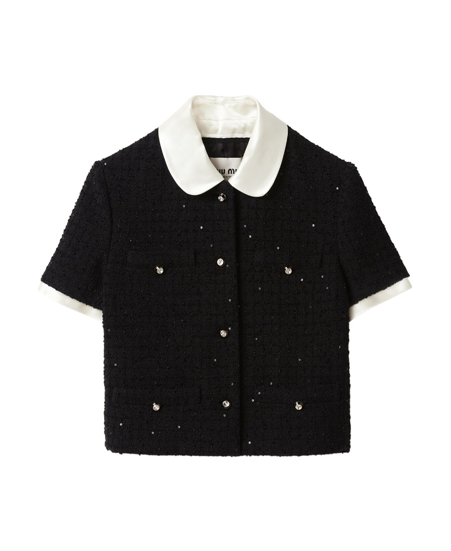 Miu Miu Bouclé Cardigan With Button Detailing And Contrast Collar In Black