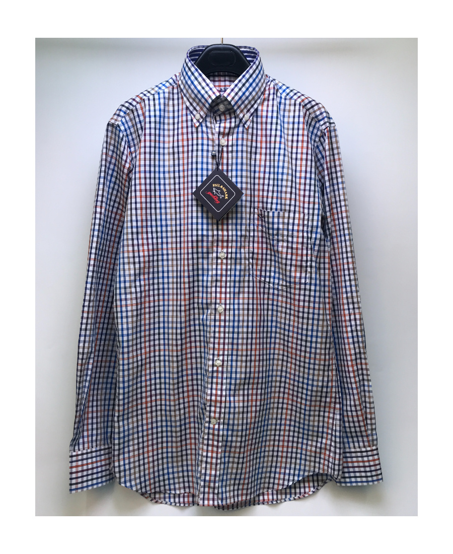 Shop Paul & Shark Lapel Plaid Long-sleeved Shirt In Gray