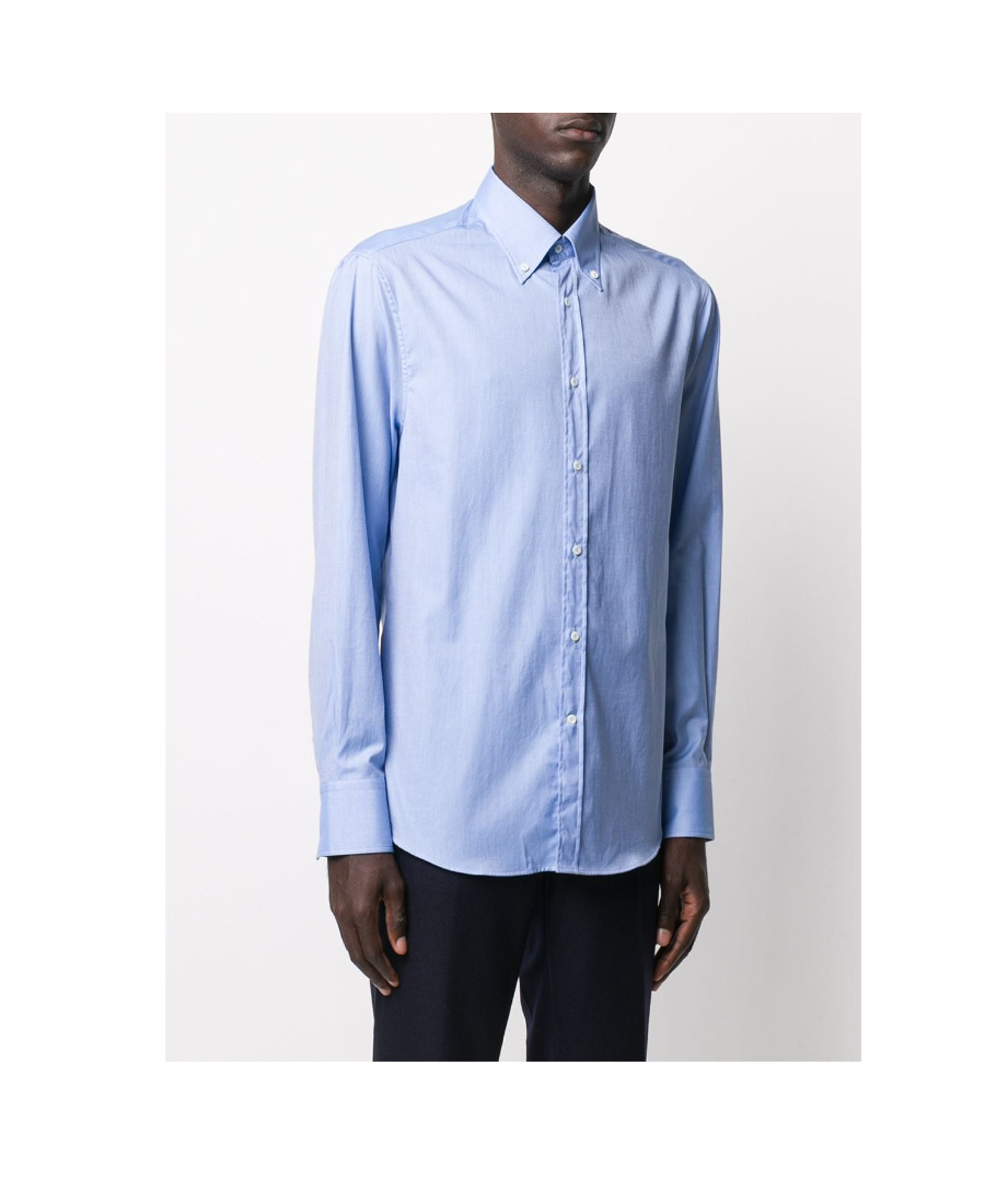 Brunello Cucinelli Plain Blue Cotton Shirt In Blue