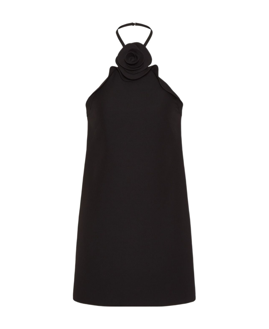 Valentino Wool & Silk Crepe Rose H/neck Mini Dress In Black