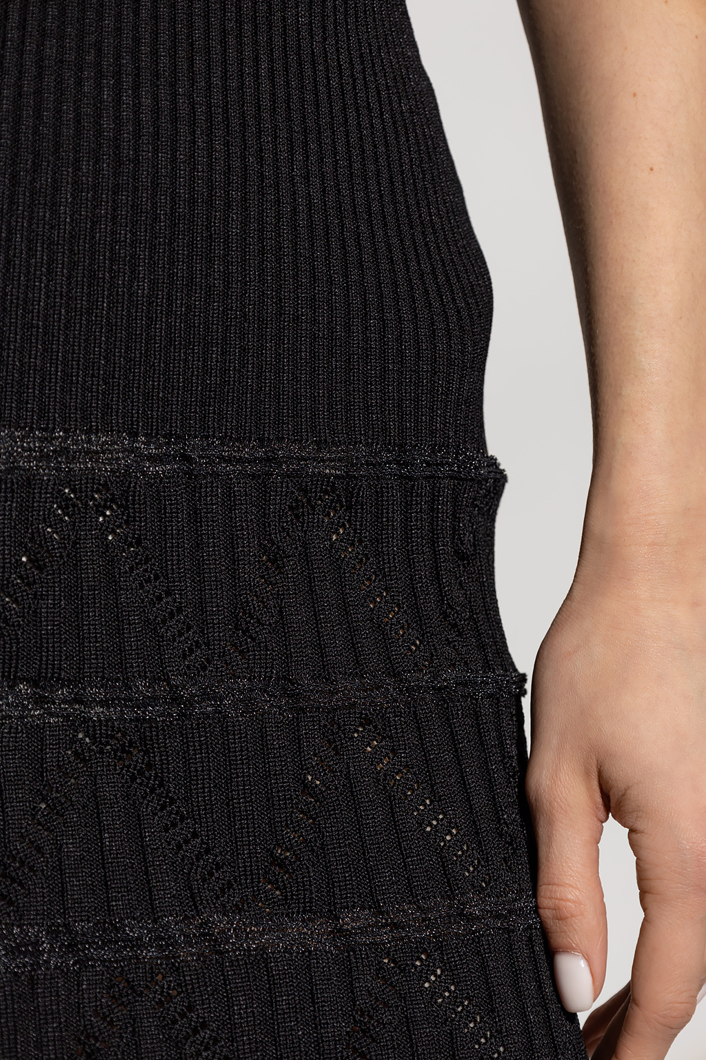 Balmain V Neck Zigzag Pointelle Rib Knit Mini Dress In Black