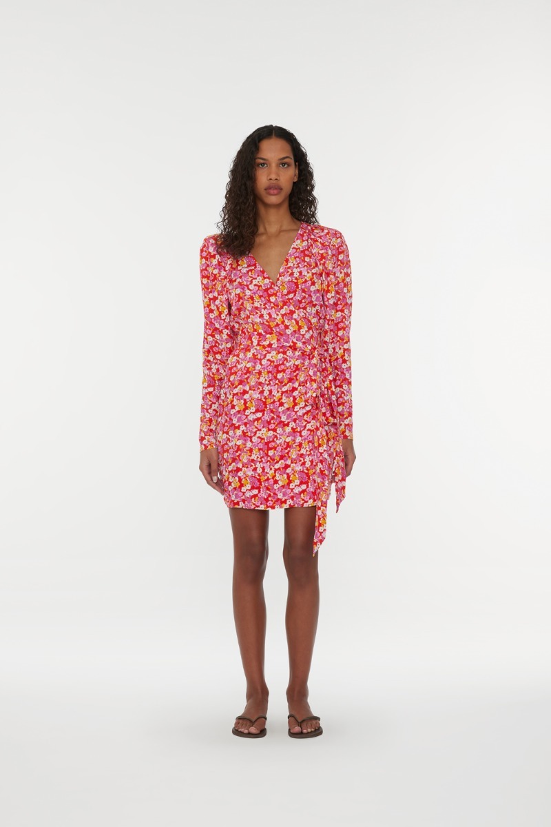 Shop Rotate Birger Christensen Rotate Jacquard Flower Printed Mini Wrap Dress In Pink