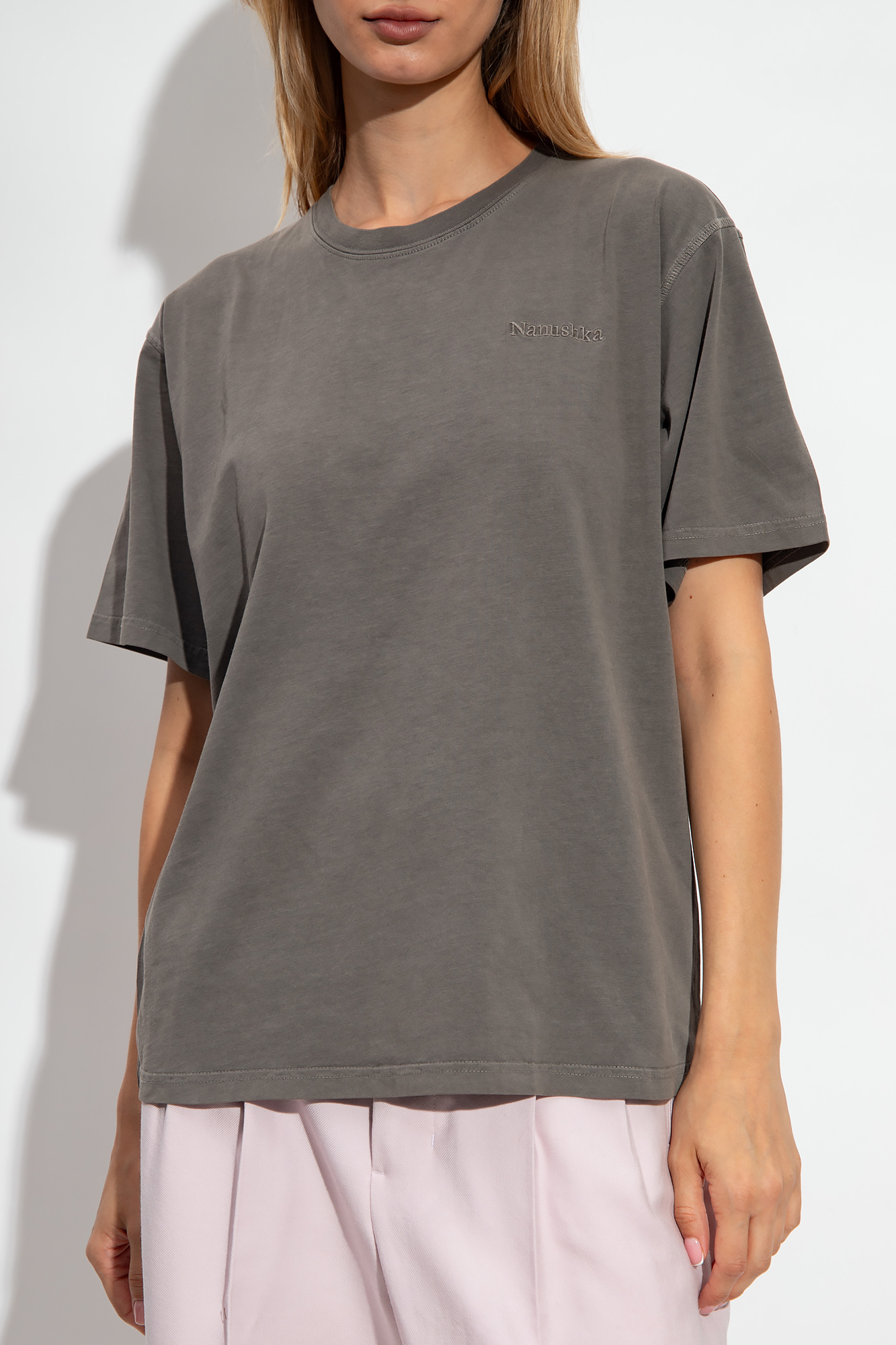 Nanushka Logo-embroidered Cotton T-shirt In Gray