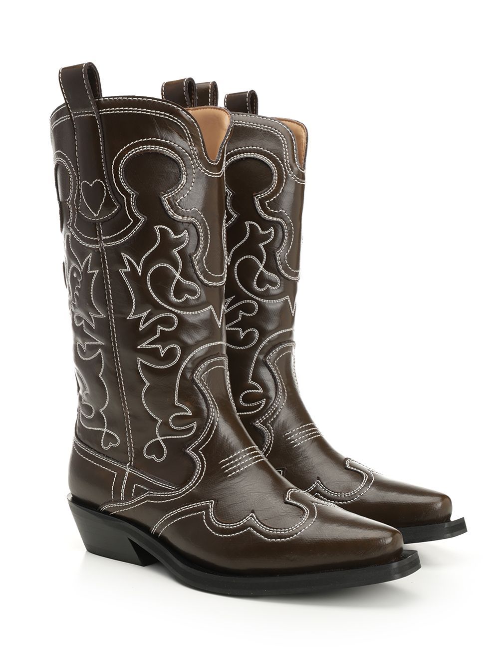 Ganni Mid Shaft Embroidered Western Boot Oleatex Boots Black