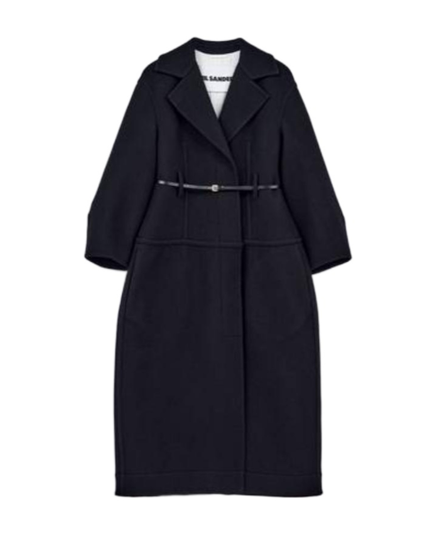 Jil Sander Tailored Long Wool Coat With Structured Lapel And Removable Waist Belt In Black