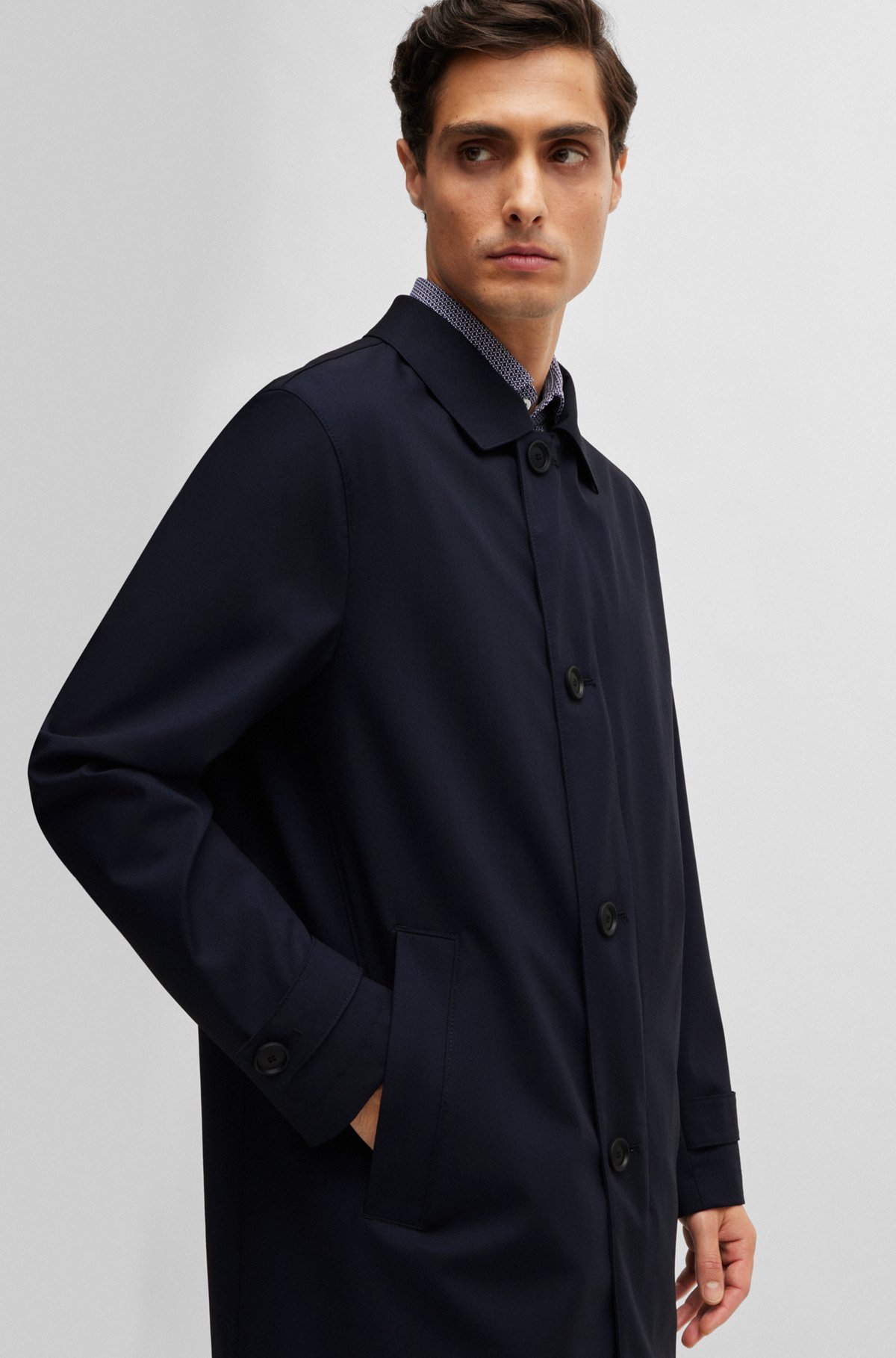Hugo Boss Waterproof Coat Blended With Wool In Black