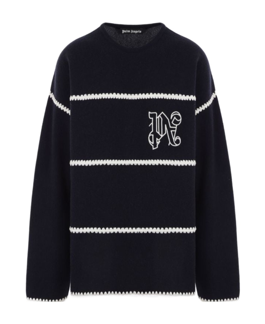 Palm Angels Navy And White Knit Sweater With Paint Monogram Stripes In Black