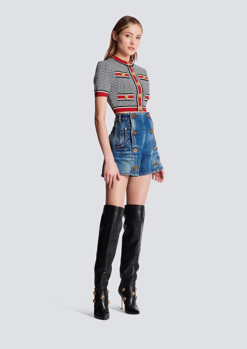 Balmain Monogram Jacquard Short Sleeve Crop Sweater In Black