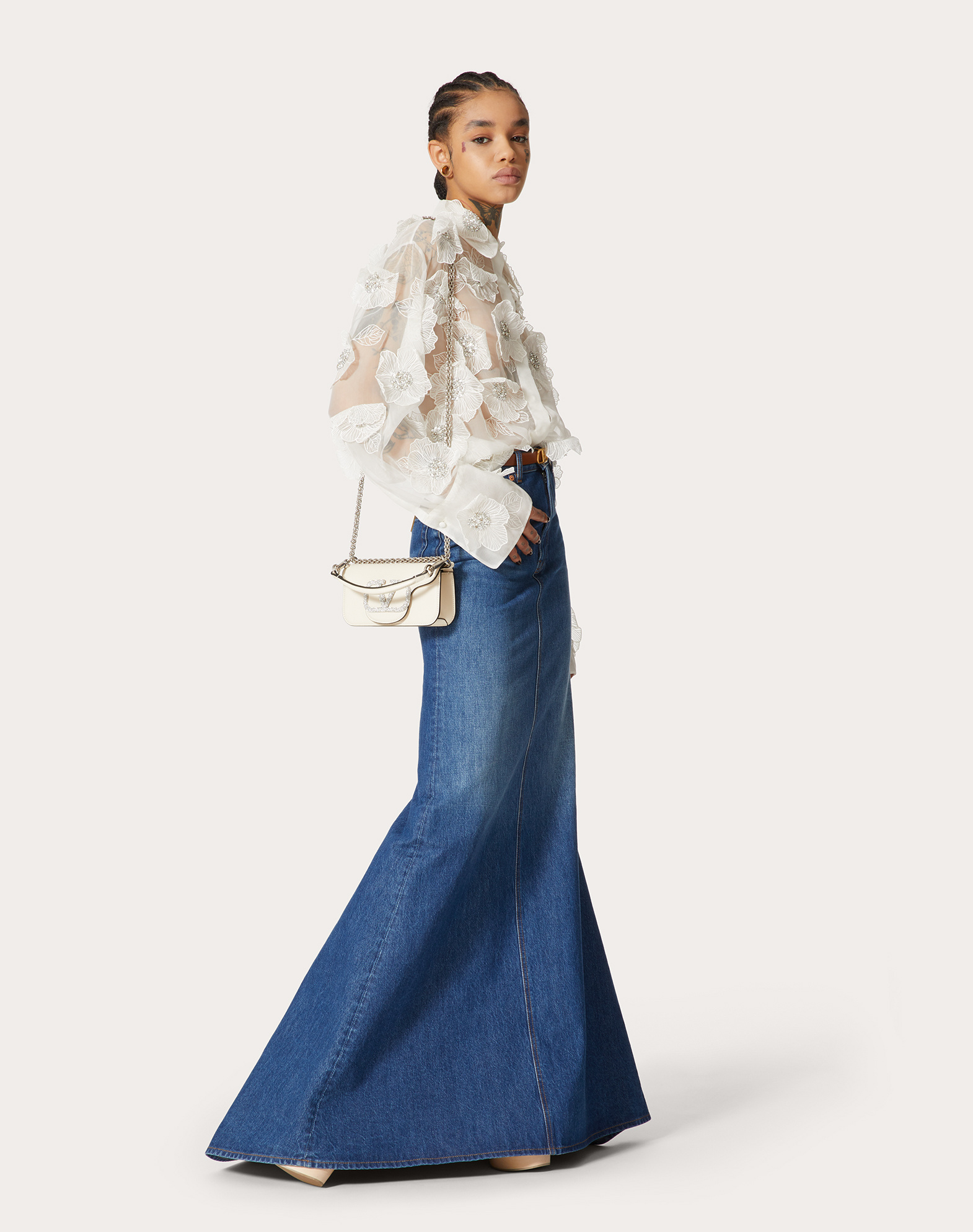 Valentino High Waist Denim Long Skirt In Blue