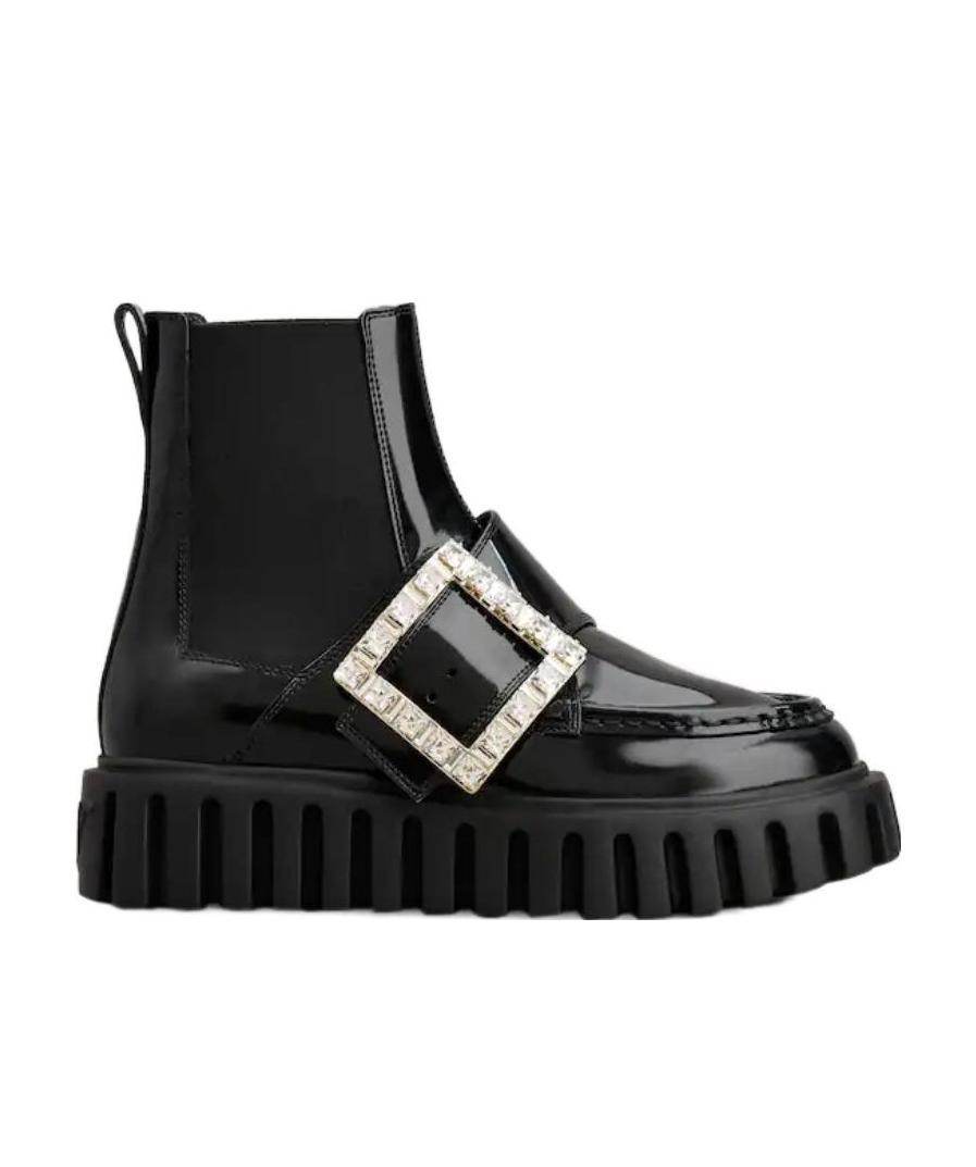 ROGER VIVIER VIV' GO-THICK STRASS BUCKLE CHEALSEA ANKLE BOOTS IN PATENT LEATHER