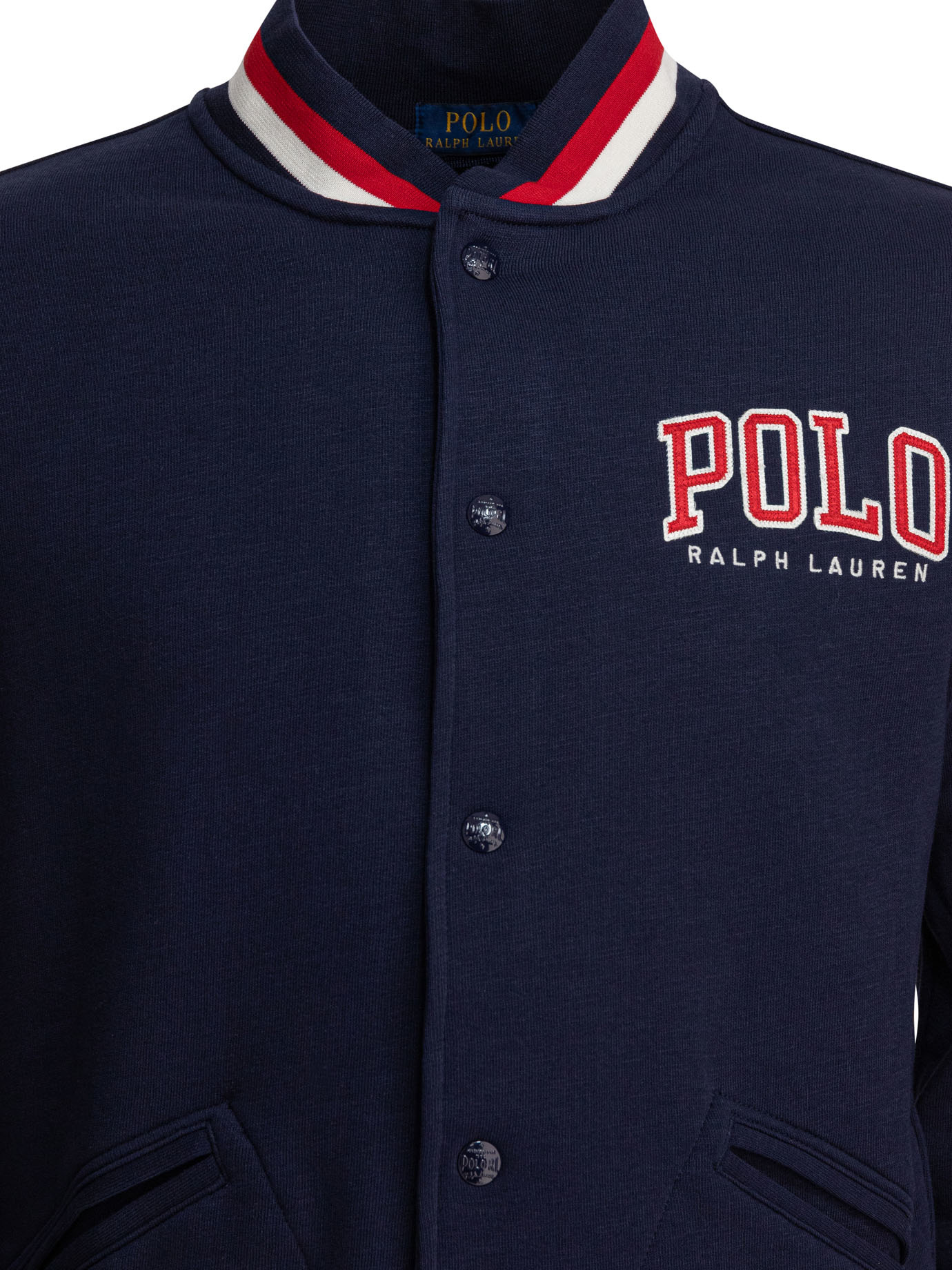 Polo Ralph Lauren Ribbed Collar Striped Detailing Front Pockets Jacket In Navy Blue