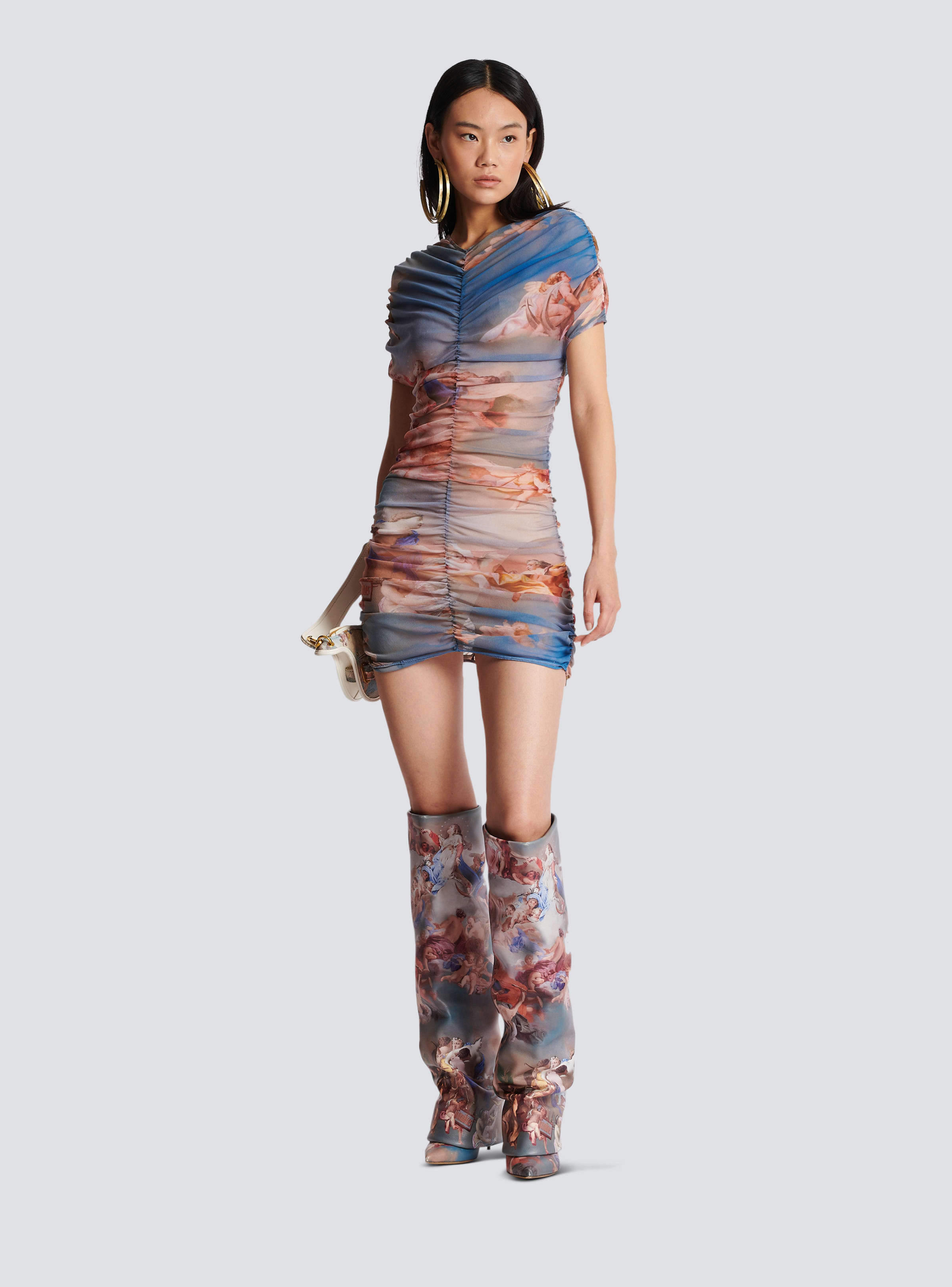 Balmain Sky-print Ruched Tulle Mini Dress In Multicolor