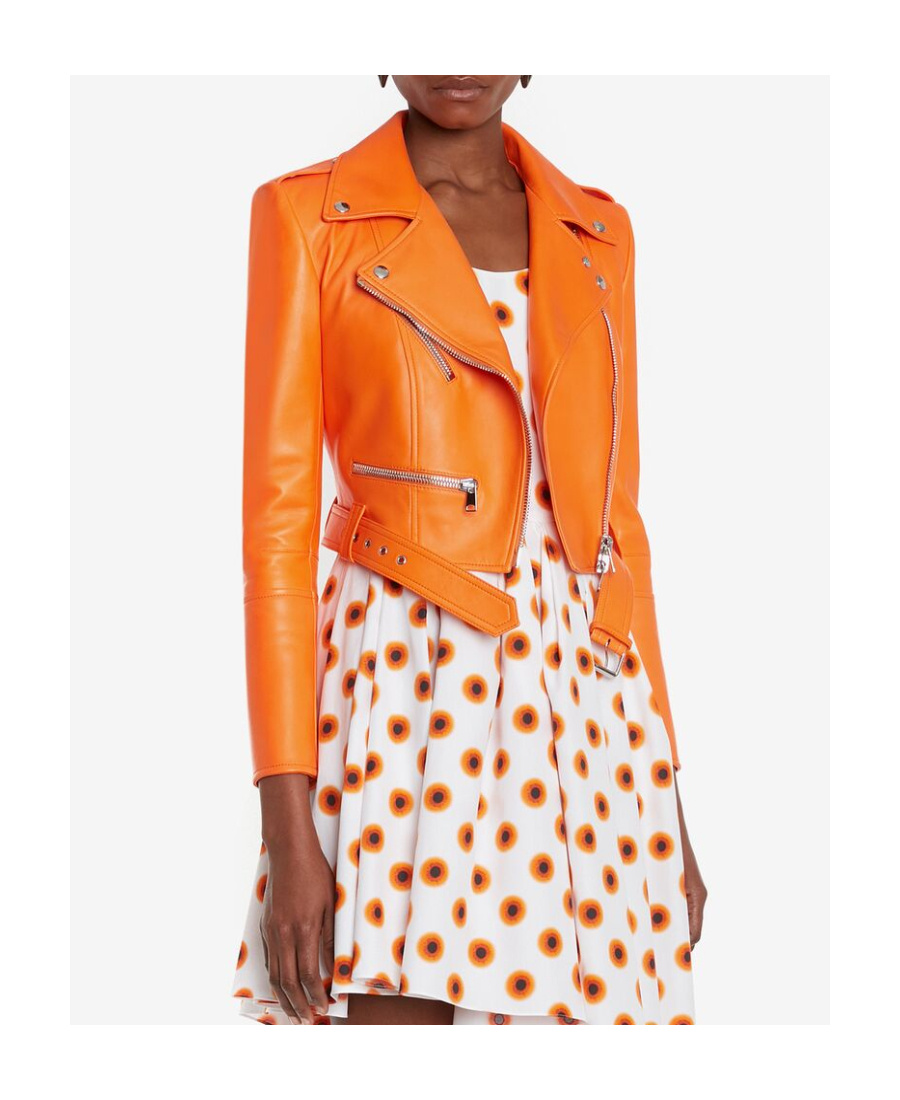 Alexander Mcqueen Smooth Leather Crpd Biker Jkt In Orange
