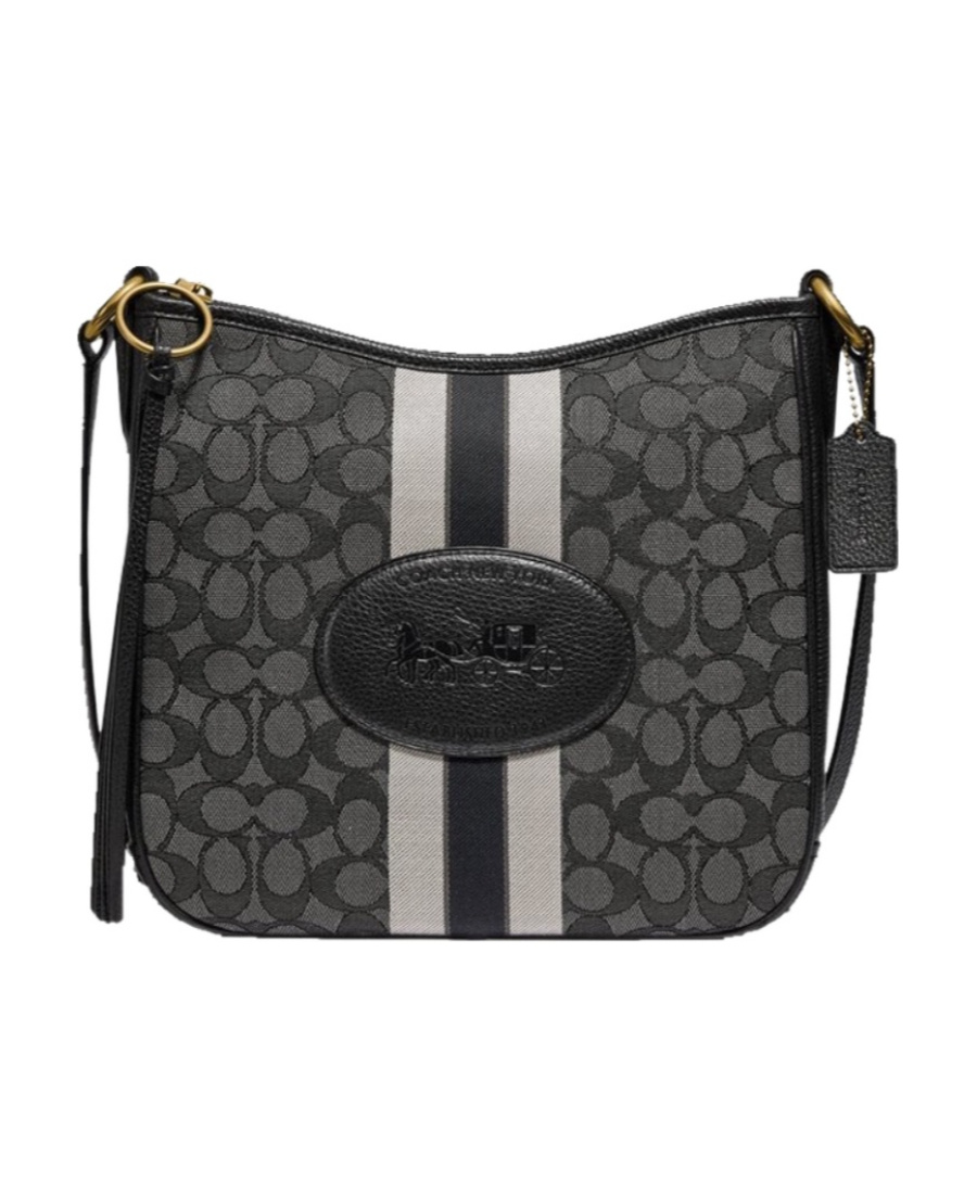 Coach Logo Striped Shoulder Bag In Black