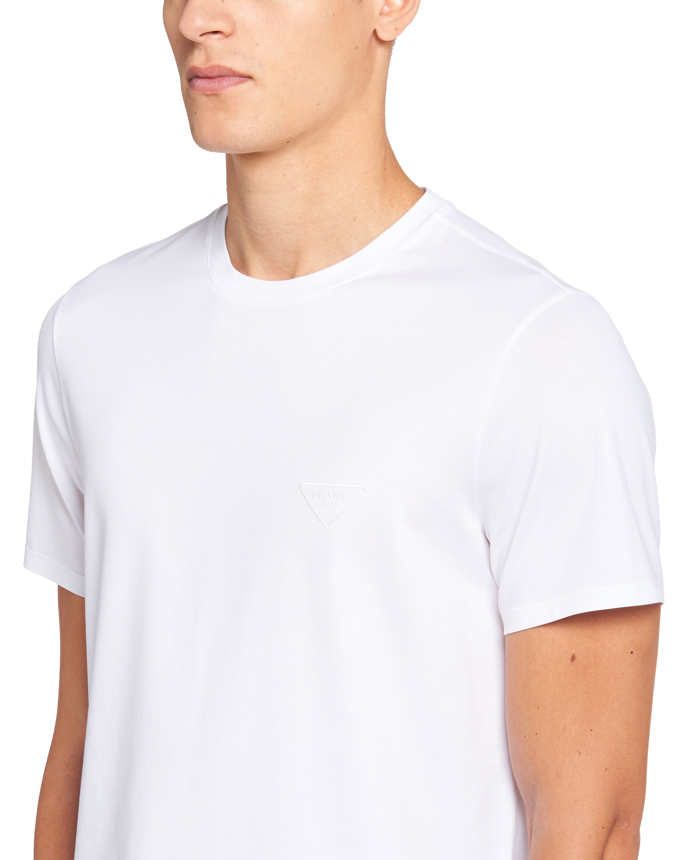 Prada Mens White Logo-embroidered Slim-fit Stretch-cotton T-shirt Xl In White