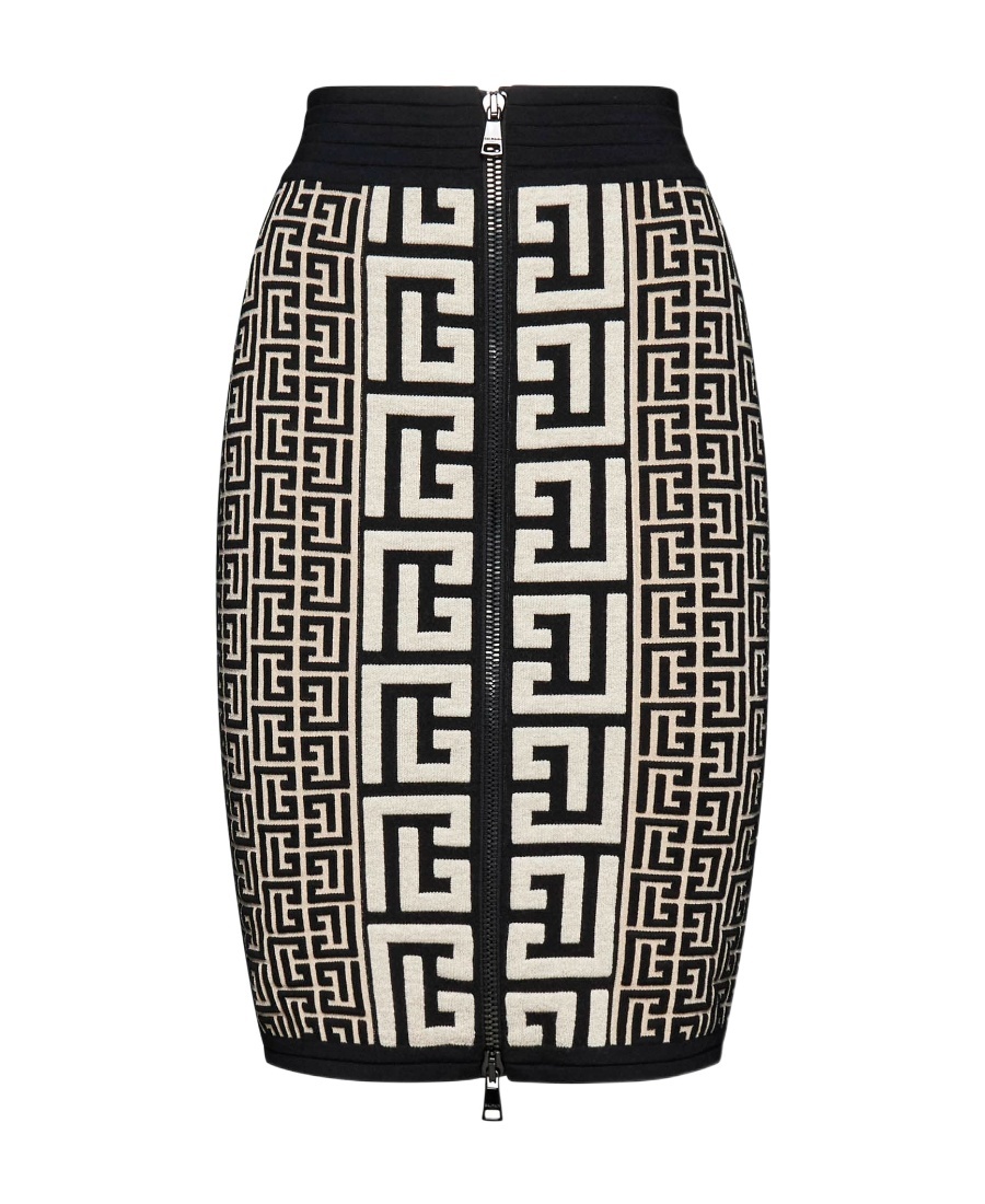 Balmain Pencil Skirt In Monogram Knit In Black