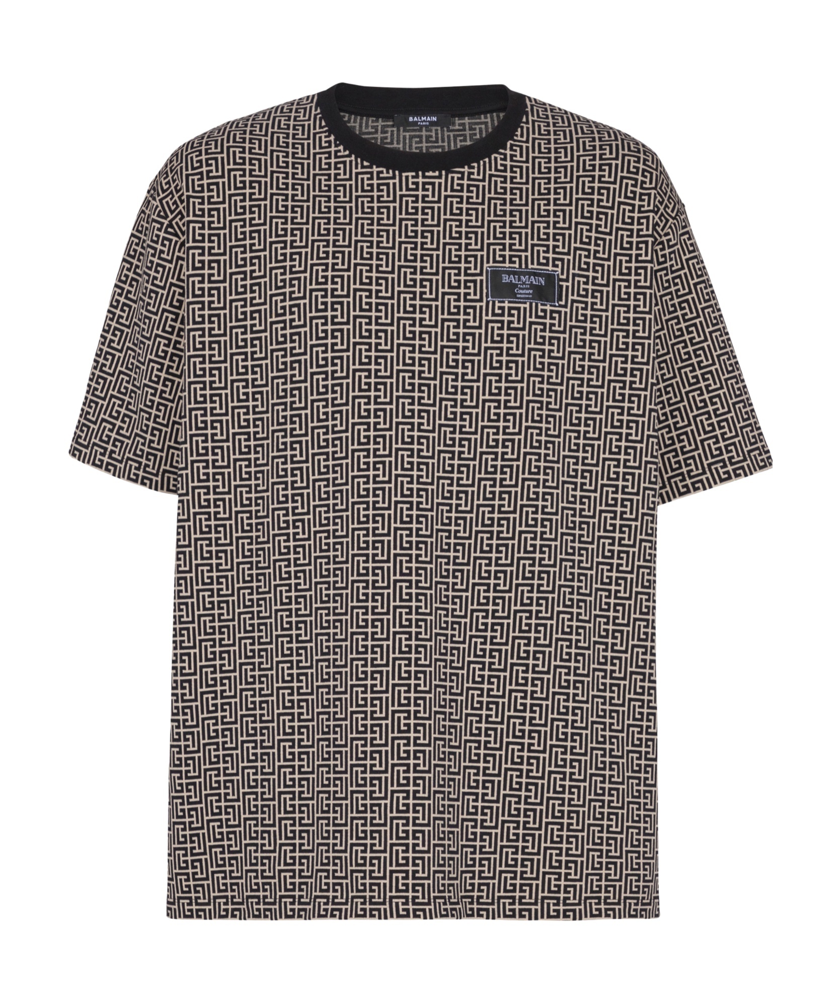 Balmain Grey T-shirt With Logo Applied On The Chest And All-over Labyrinth Motif In Cotton Man In Black