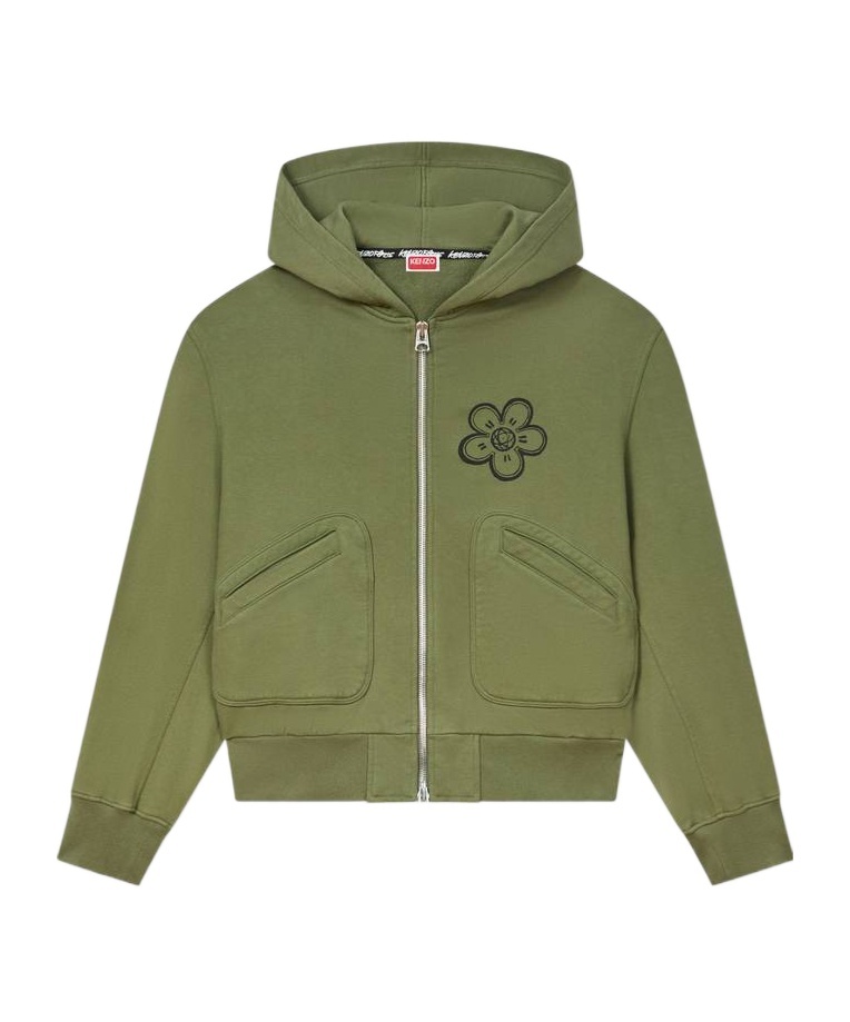 Kenzo Zip-up Hoodie With Front Pockets And Graphic Print In Green