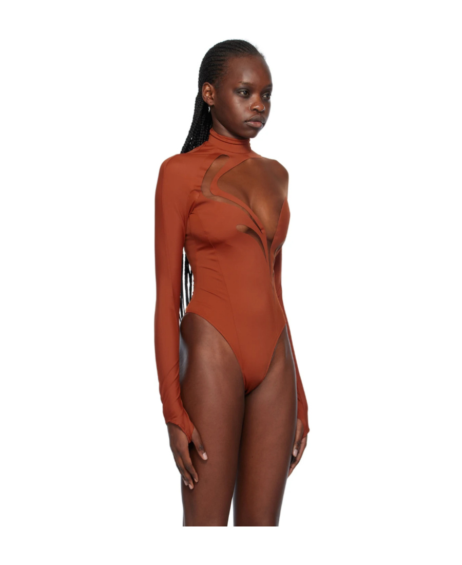 Mugler Long-sleeved High-collar Jumpsuit In Brown