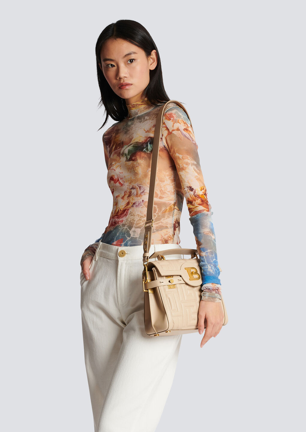 Shop Balmain B-buzz 23 Bag In Monogram Quilted Leather In Nude