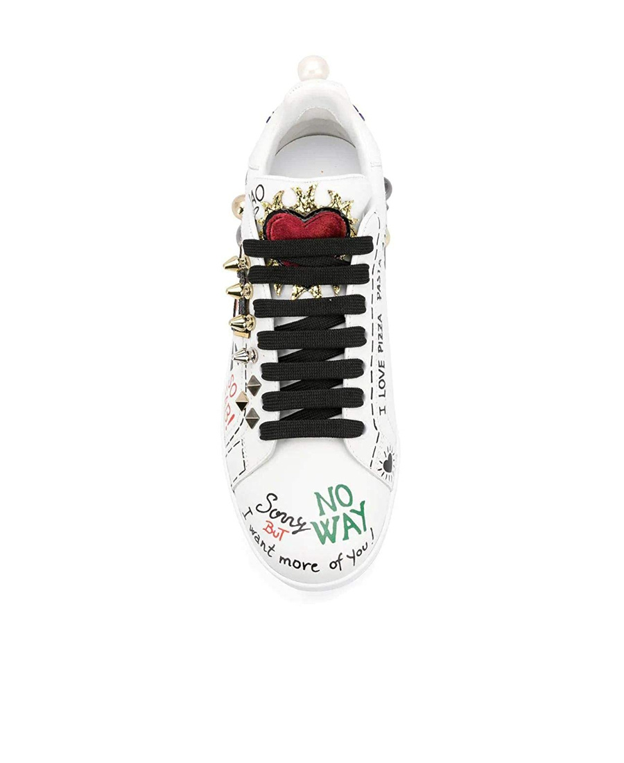 Dolce & Gabbana Music Printed Leather Sneakers With Patch In White