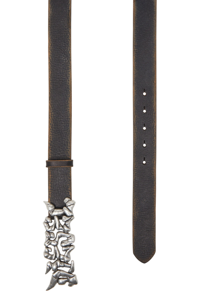 Diesel 3.5cm Treated Leather Belt With Graffiti Buckle In Metallic