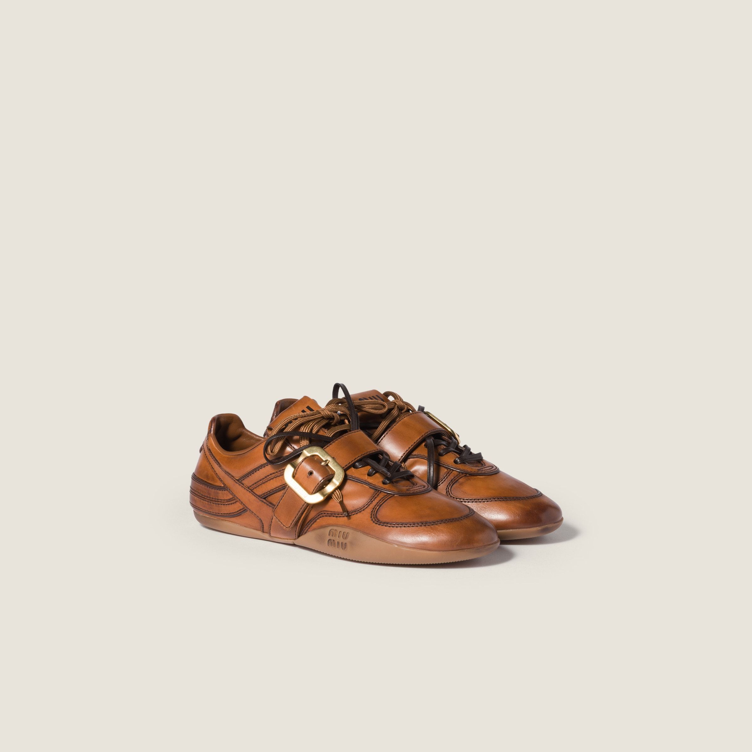 Miu Miu Cognac-colored Leather Sneakers With Buckle In Multi