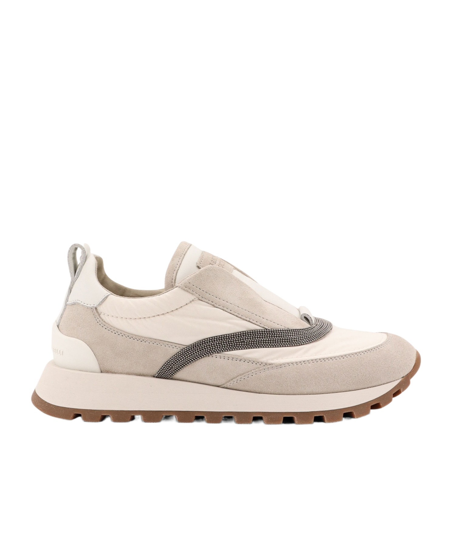 Brunello Cucinelli Low-top Suede And Nylon Sneakers With Monili Details In Nude