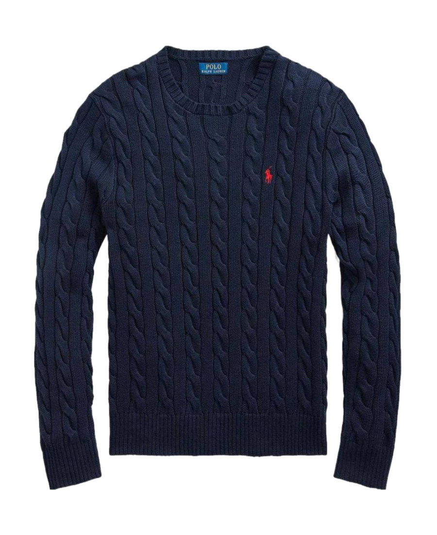 Polo Ralph Lauren Man Navy Blue Brided Cotton Sweater With Red Pony In Black